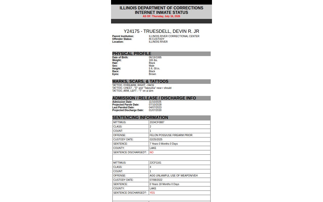 IDOC current custody result with Madison County projected release fields